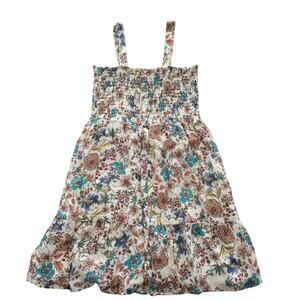 Nicole Miller Smocked Floral Babydoll Dress Large White Blue Multi Sundress